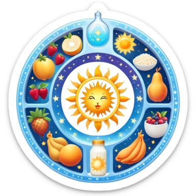 Magical daily fitness nutrition schedule with ethereal water bottle, celestial sun, enchanted chicken and rice plate, mystical gym equipment, glowing yogurt, sparkling fruits, and dreamy sleep symbol, all arranged in a cosmic circle with starry aura sticker
