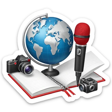 An icon showing a microphone, a notepad, and a camera, symbolizing journalism. The design includes a globe in the background, representing global news, and a breaking news banner for emphasis. Transparent background highlights the dynamic world of media and reporting. sticker
