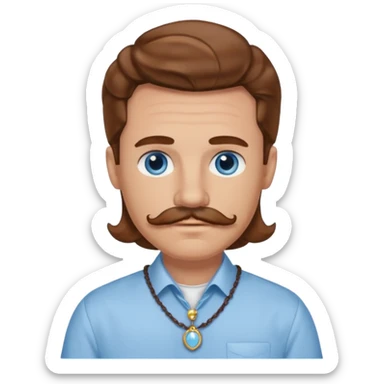 Benson Boone blue eyes, brown wavy hair and mustache, light blue dress shirt with necklace sticker