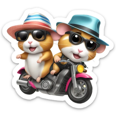 Two hamsters wearing swimwear and sun hat driving by motorbike on the beach sticker