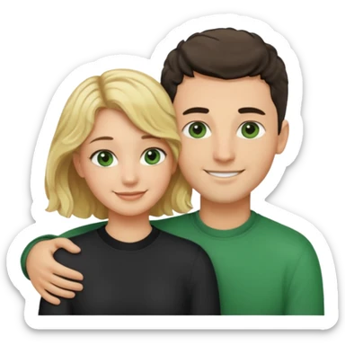 couple hugging.  girl is blonde with wavy hair. man is tall with dark hair in a crew cut. both have green eyes. both are white people. sticker