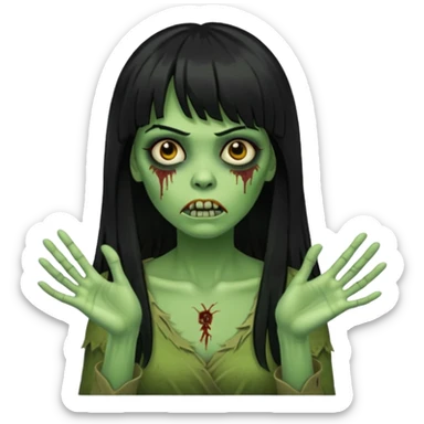 mulher zombie verde com cabelos pretos longos e franja com as mãos para frente igual um zombie sticker