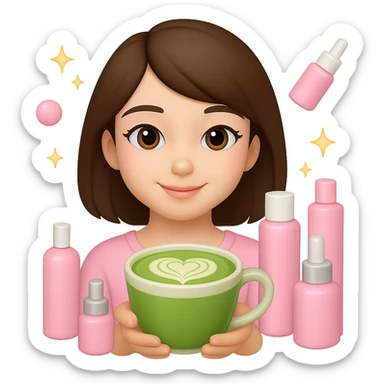Create an Apple emoji style square profile picture of a girl with short dark brown hair and brown eyes, pink soft girl aesthetic, holding a matcha latte, surrounded by pink skincare and makeup bottles, sparkles, gentle and cute vibe. The style should mimic Apple emojis with a soft and polished look. sticker