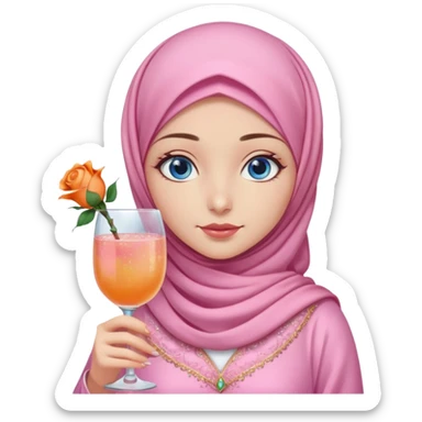 Turkish beautiful finish Konya girl blue eyes with pink hijab islamic dress and had on her hand Glittery rose gold mocktail with orange light pink roses sticker