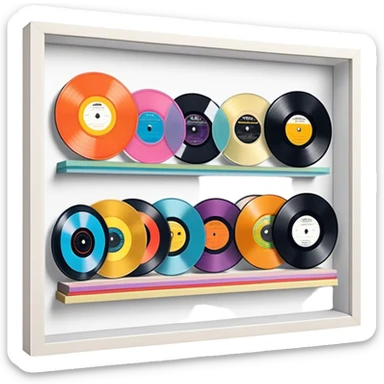 Icon for Vinyl Record Collecting: colorful vinyl records in decorative packaging featuring artist images, neatly arranged on a wall or shelf. The icon should reflect the aesthetic and artistic aspect of collecting vinyl records. Transparent background. sticker
