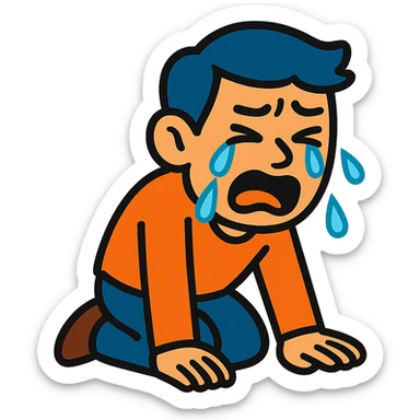 vibrant toon style sad Asian man kneeling, crying sticker