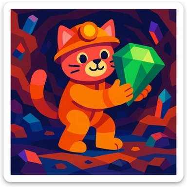A miner in a cat suit holding a giant emerald deep underground, whimsical and colorful. sticker