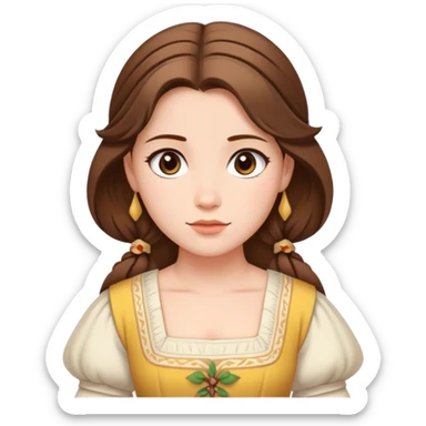 Cinematic Serene Belle Portrait Emoji, rendered in a simplified vector style. Depict a gentle Belle (chest and above) with fair, glowing skin, softly cascading brown hair, and a calm, inviting expression, dressed in her traditional village dress. The image exudes a soft, luminous glow and is outlined with a subtle, warm light. sticker