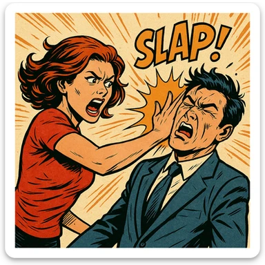 a woman slapping a man, dynamic action, expressive faces, comic book energy sticker