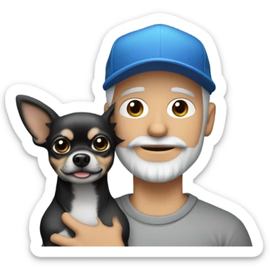 blue eyed man, with grey hair,  and grey goatee beard, wearing ball cap, holding ‘a black long hair chihuahua’ sticker