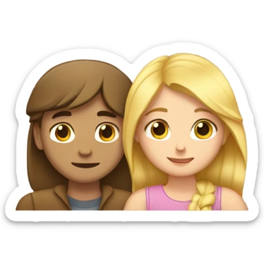 The girl hugs the guy. The girl has brown hair, and the guy has blonde hair. sticker