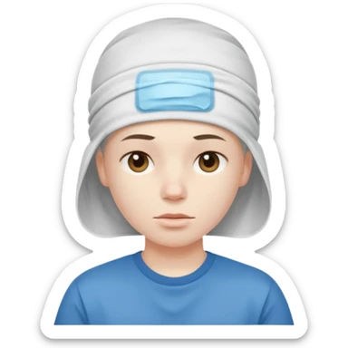 A person with headaches and a cold pack on the head sticker