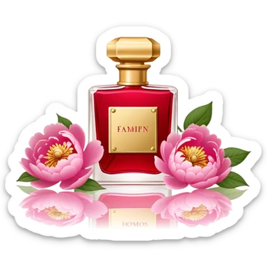 "A vintage red perfume flacon with a golden cap, set among pink peonies on a marble vanity. The soft glow highlights its old-world charm and refined elegance." sticker