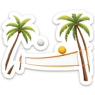 The scene captures a sunny sea beach atmosphere with clear blue sea and sky, palm trees swaying, and people in swimsuits enjoying the vibrant surroundings. A volleyball resting on the orange sand ground of a beach, with a volleyball net in the background.  sticker