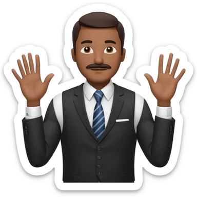 

“A confident man with medium-dark skin tone wearing a suit, tie, and vest, holding both hands up with fingers spread, making a ‘calm down’ or ‘I’m just saying’ gesture. His eyes are closed, and he has a mustache, giving a vibe of laid-back confidence or mock innocence. sticker