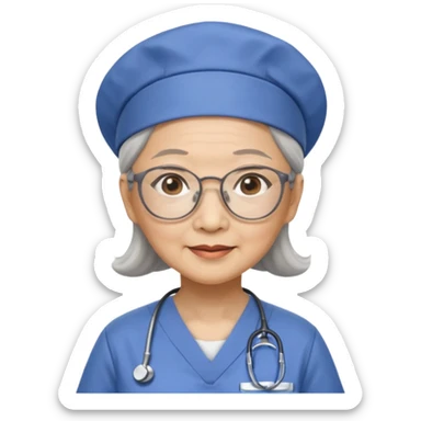 OLD ASIAN WOMAN WITH GLASSES, NURSE SCRUBS, CAP sticker
