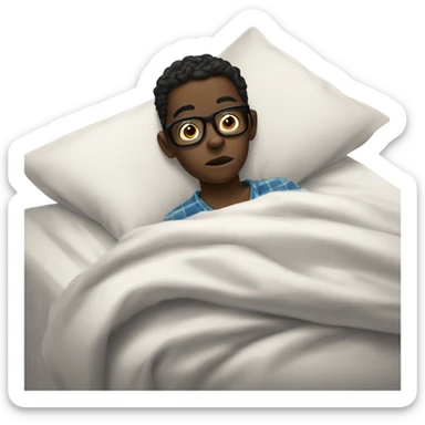 A darkskin boy around 13 years of age with black glasses in pajamas on a bed with a disgruntled, irritated expression on his face while pulling the bed sheet off of his chest  sticker