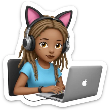 black girl with dreads who works remotely through a laptop with headphones that have plastic cat ears connected to the headphones.  sticker