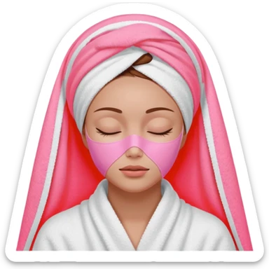 A woman with brown hair partially visible beneath a white towel wrapped around her head. Her face is covered with a pink skincare mask applied to the T-zone and cheeks. She has a calm, content expression with her eyes closed sticker