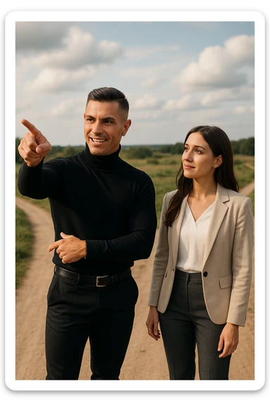 Editorial photo of a confident man standing at a crossroads, pointing decisively toward a clear path ahead. Beside him, a woman looks at him with trust and readiness to follow. Both are well-dressed, the setting is an open landscape with soft, natural light. The mood is one of leadership, guidance, and partnership. sticker
