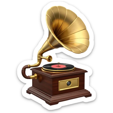 3D render of Gramophone, vintage 1980s audio equipment aesthetic, tactile analog buttons, polished brass gold horn with a dark mahogany wood base, mixed wood grain and brushed aluminum textures, Apple emoji style, isolated on white background --v 6.0 sticker