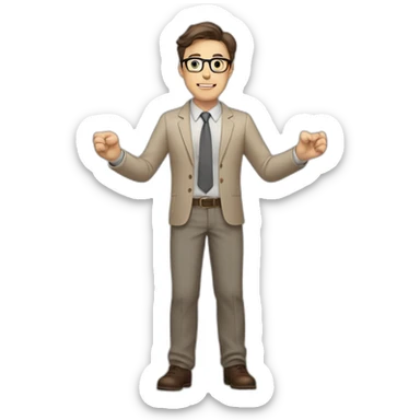 To belt Actively gesturing with hands Pale skinned fit man teacher with dark brown hair in gray jacket, beige office shirt, brown tie, brown pants and vintage glasses. sticker