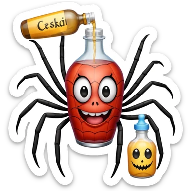 wesoły śmieszny pająk z butelka jadu i podpisem cześć sticker