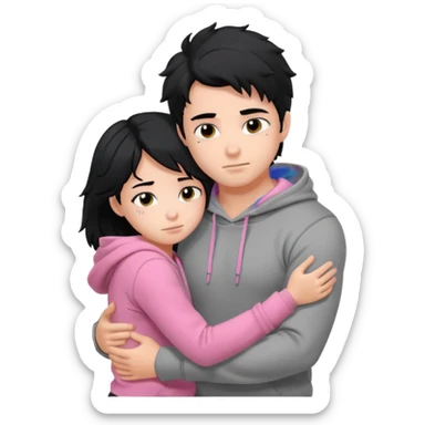 generate a pretty bratz fair skinned boy with messy black hair in a grey hoodie. Hugging his girlfriend who is wearing pink. Make him muscled. Boy in grey hoodie, girl in pink sticker