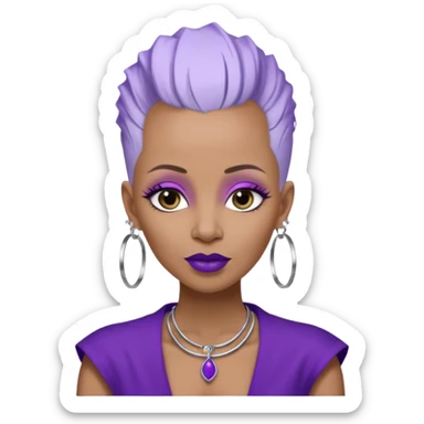 57 years young,  brown skinned Black queen with a  no hair on side and white hair in mohawk style, purple lipstick,  purple eyeshadow,  droopy looking  eyes, hoop  design 
 earrings with the name Draya personalized on them.  sticker