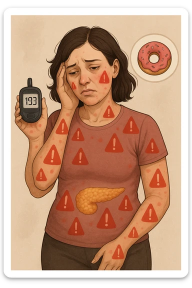 "Woman struggling with worsening insulin sensitivity, blood sugar spikes visualized as red warning signals throughout her body, expression of energy crashes and sugar cravings, pancreas working overtime shown in transparent overlay, pre-diabetic progression despite dietary efforts, metabolic syndrome symptoms accumulating, glucose meter showing increasingly concerning readings" scritte in italiano sticker