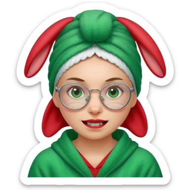 A woman who has a big rabbit-like front teeth wearing a green towel in her head with a broken glasses on her face in red pajamas sticker