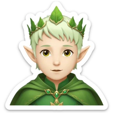 Forest Elf – elegant green-skinned elf with leaf crown and cloak, white short hair sticker