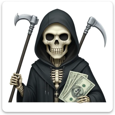 terrifying Grim Reaper with half-skeleton half-zombie face (no slime), holding a single scythe in left hand, subtle 100 dollar bills integrated in hood or around character, white background, dark and ominous atmosphere, profile picture sticker
