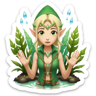 elf female legolas wading in shallow tide pool, palm emitting soft green light to heal glowing coral, practical open vest over bare chest, determined gaze, pointy ears, vibrant underwater plants, centered emoji, nature guardian summer sticker