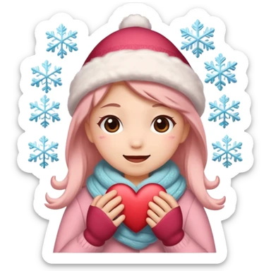 A kawaii Christmas emoji sticker, cozy winter vibes, soft colors, snowflakes, heart symbols, warm smile, cute and gentle style, festive and romantic.
 sticker