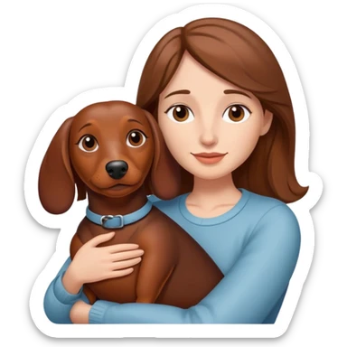 white woman with medium brown hair cuddling a brown wiener dog sticker