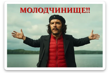 Сгенерируй мне в такой же позе и в такой же одежде Че Гевара (как на 2 фото). Сохраняй нормальные пропорции тела, голова не должна быть слишком большой, все должно смотреться гармонично и реалистично  sticker