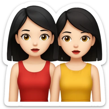 2 girls gossiping secretly. both are fair and have black hair. One has short hair and is tan, one has long hair and is fair. One is wearing yellow, one is wearing red sticker