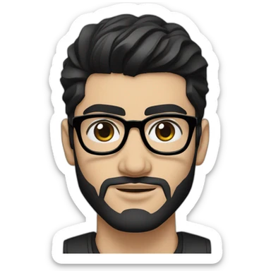 Create a detailed portrait of Zayn Malik with his striking black beard, sleek black glasses, and his dark, mesmerizing black hair and eyes sticker