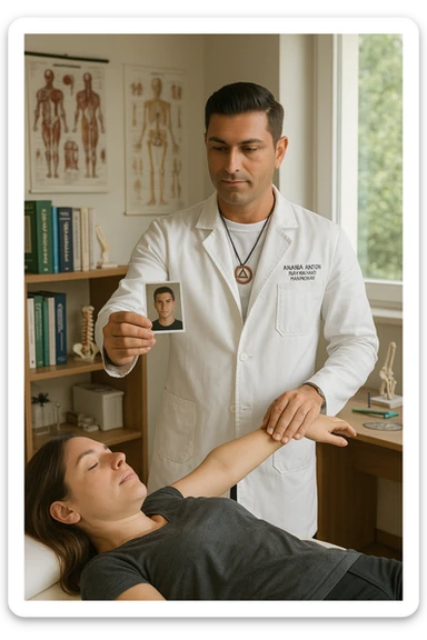 a middle-aged man, dressed in casual professional attire, is in a bright, organized therapy studio. Durante una visita di kinesiologia, il ragazzo tiene con una mano la foto di una persona lontana (il “testimone”) tiene la foto in mano, mentre con l’altra mano esegue un test muscolare su un cliente presente senza foto. Sullo sfondo si vedono libri di kinesiologia, poster anatomici e strumenti tipici della disciplina. L’atmosfera è concentrata e serena, con luce naturale che entra dalla finestra, sottolineando l’aspetto alternativo e umano della pratica. sticker