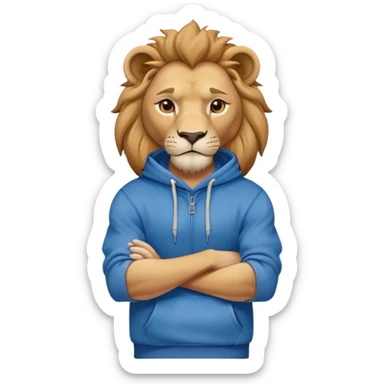 determined anthropomorphised lion in a hoodie and jeans with arms folded, confident stance sticker