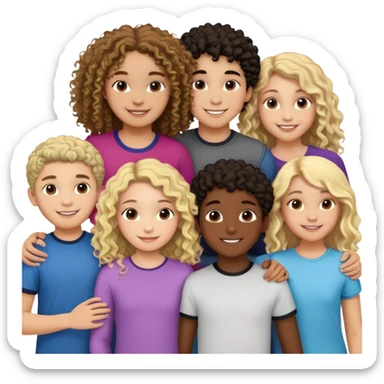 Group of diverse friends standing together, including a dark-skinned boy, a light-skinned blonde boy, a light-skinned girl with dark hair, a mixed-race girl with brown hair, a light-skinned person with curly hair, a mixed-race person with dark curly hair, and in the center a mixed-race person with wavy hair sticker