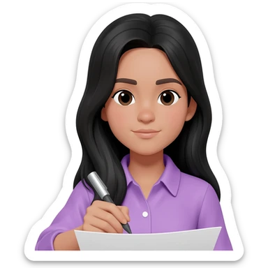 girly lilac shirt light tan , long black hair girl no bangs writing on paper sticker