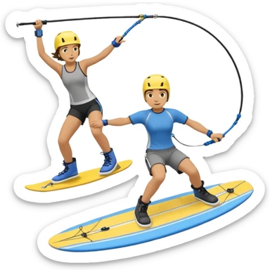 A person wakeboarding with one leg forward, the other bent for balance, leaning slightly back while holding a tow rope. Wearing a blue top, black shorts, gray boots, on a yellow board with small water splashes below. sticker