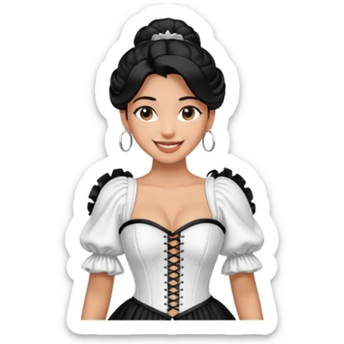 generate a pretty bratz emoji that looks like Kareena Kapoor's Geet character. 
Make her wear a puff sleeve off shoulder white top with a black corset over it. silver hoops, black hair open with middle part. smiling big

She should look like Kareena Kapoor sticker