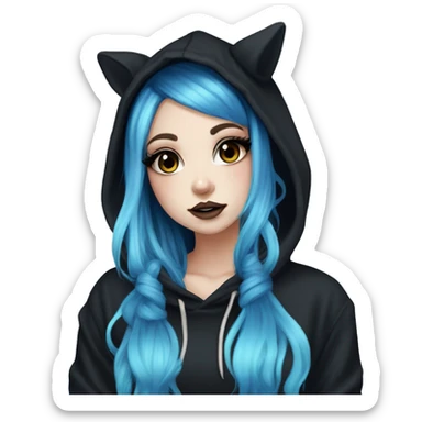 hime gyaru girl, tattoos, pale skin with black and electric blue hair, dark makeup, black hoodie sticker