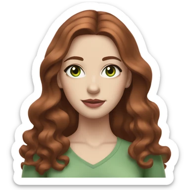 woman with pale skin and green eyes and long wavy brown-auburn hair with a middle part and soft pink lips sticker