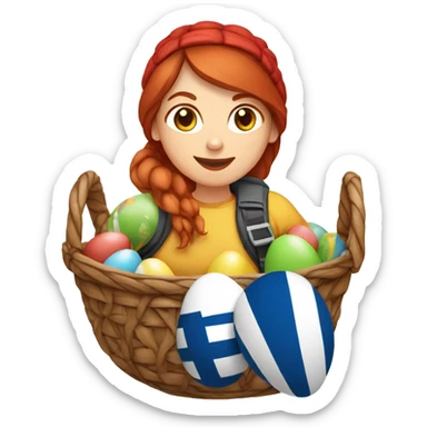 Greek Female winter mountaineer red hair white skin climbing with Greek Flag and Easter eggs basket sticker