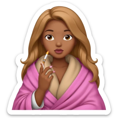 Curvy, light brown long hair, pretty black girl light pink lipgloss smoking wrapped in blanket sticker