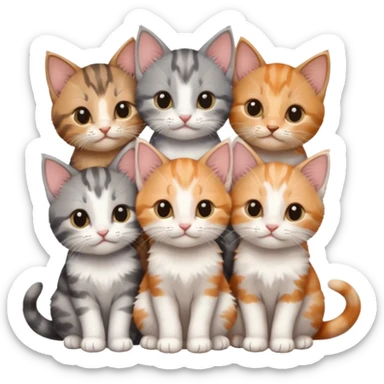 6 tiny kittens cuddling together all various different natural colours including grey and white, ginger and white, calico, grey, and brown tabby and white sticker